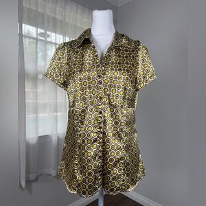 Vintage Y2K Timing Multicolored Retro Print Short Sleeve Button Up Blouse